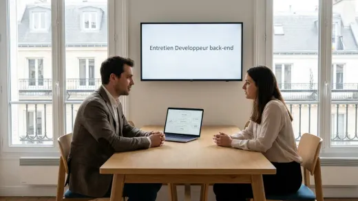 Entretien de développeur back-end dans un bureau parisien lumineux : un candidat et une recruteuse, un schéma d’architecture d’API à l’écran.