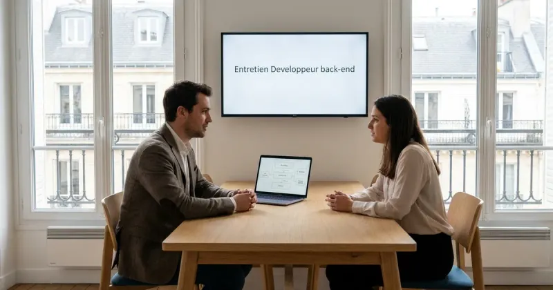 Entretien de développeur back-end dans un bureau parisien lumineux : un candidat et une recruteuse, un schéma d’architecture d’API à l’écran.