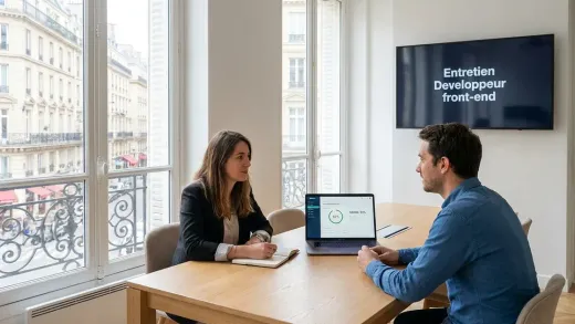 Entretien de développeur front-end dans un bureau parisien lumineux : une candidate et un recruteur, une interface et un score de performance à l’écran.