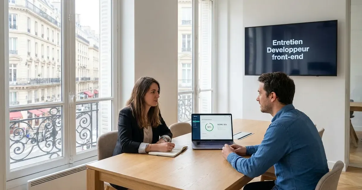 Entretien de développeur front-end dans un bureau parisien lumineux : une candidate et un recruteur, une interface et un score de performance à l’écran.