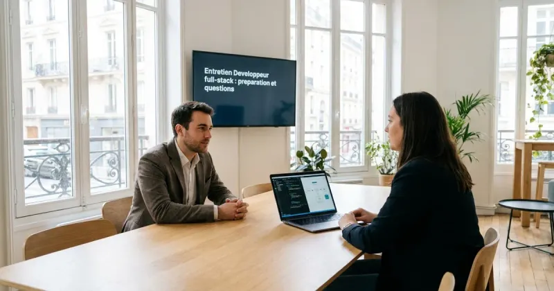 Entretien de développeur full-stack dans un bureau parisien lumineux : un candidat et une recruteuse, un éditeur de code et un schéma d’architecture à l’écran.