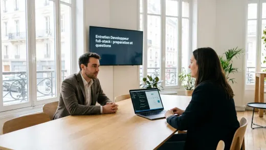 Entretien de développeur full-stack dans un bureau parisien lumineux : un candidat et une recruteuse, un éditeur de code et un schéma d’architecture à l’écran.