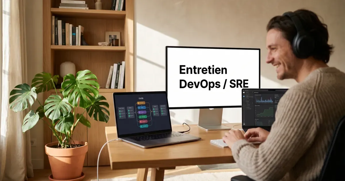 Entretien DevOps / SRE en visio depuis un home office lumineux : un pipeline CI/CD et un dashboard de monitoring à l’écran.