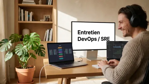 Entretien DevOps / SRE en visio depuis un home office lumineux : un pipeline CI/CD et un dashboard de monitoring à l’écran.