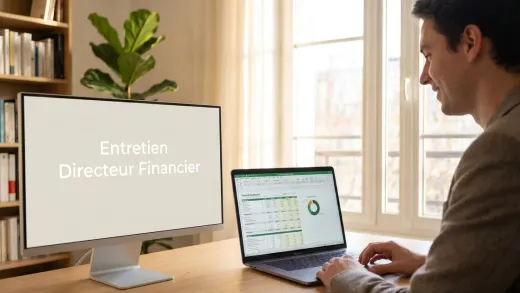 Entretien de directeur administratif et financier en visio depuis un home office : des états financiers et un tableau de bord budgétaire à l’écran.