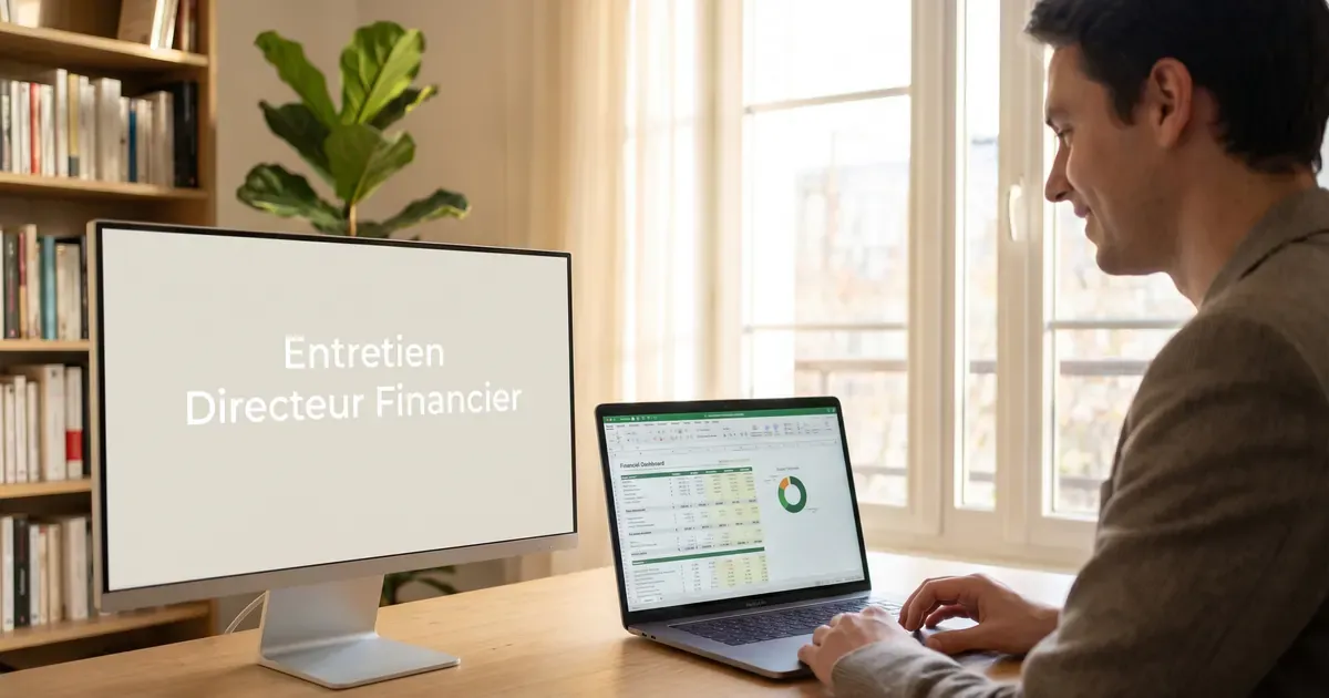 Entretien de directeur administratif et financier en visio depuis un home office : des états financiers et un tableau de bord budgétaire à l’écran.