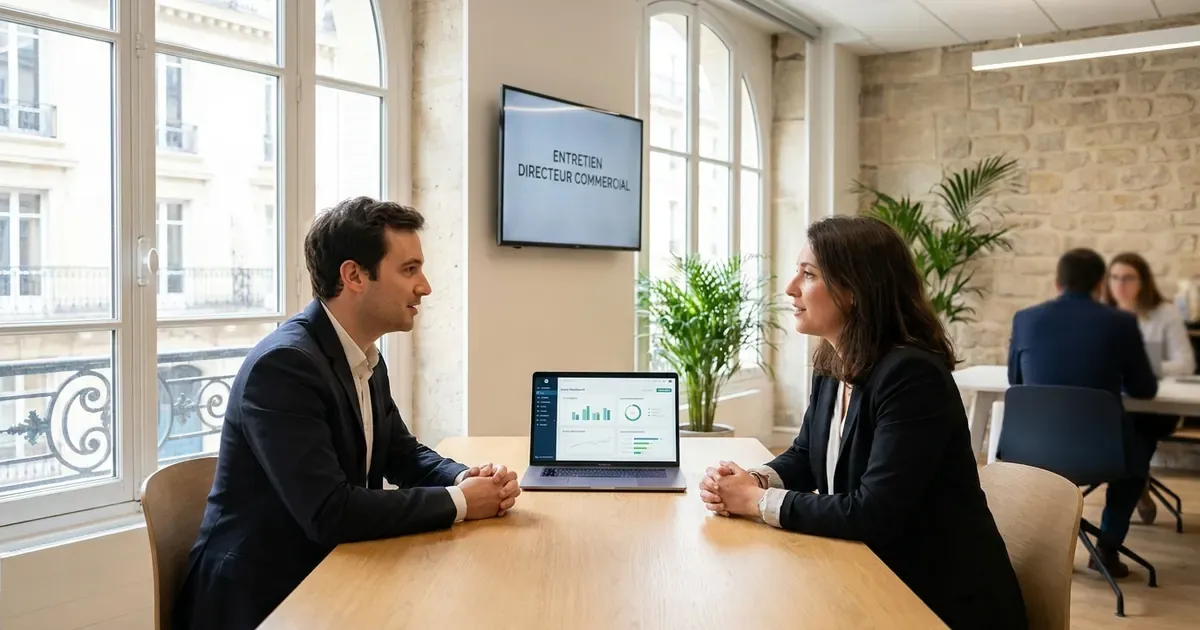 Entretien de directeur commercial dans un bureau parisien lumineux : un candidat et une recruteuse, un tableau de bord de performance commerciale à l’écran.