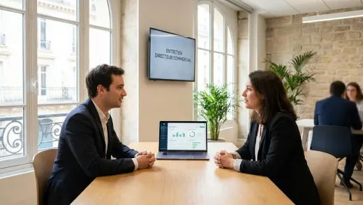 Entretien de directeur commercial dans un bureau parisien lumineux : un candidat et une recruteuse, un tableau de bord de performance commerciale à l’écran.