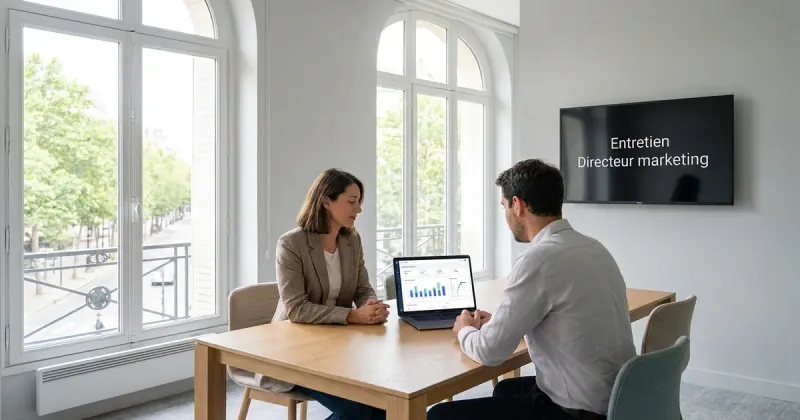 Entretien de directeur marketing dans un bureau parisien lumineux : une candidate et un recruteur, un tableau de bord de stratégie marketing à l’écran.