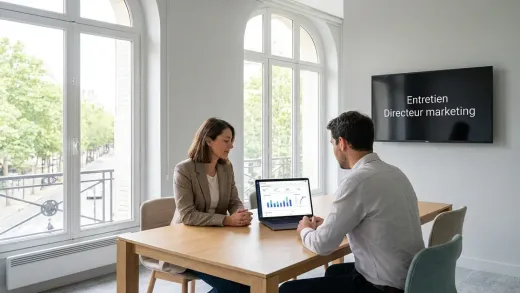 Entretien de directeur marketing dans un bureau parisien lumineux : une candidate et un recruteur, un tableau de bord de stratégie marketing à l’écran.