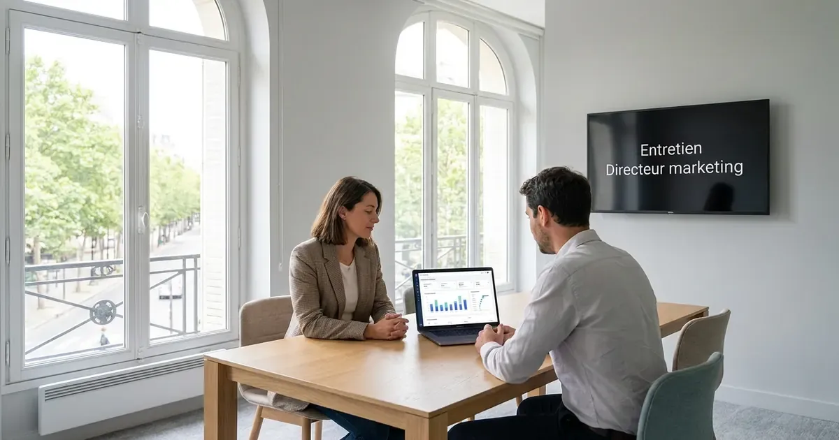 Entretien de directeur marketing dans un bureau parisien lumineux : une candidate et un recruteur, un tableau de bord de stratégie marketing à l’écran.
