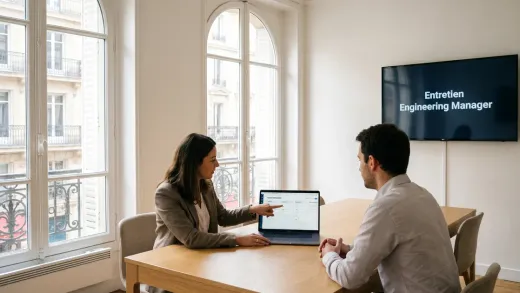 Entretien d’engineering manager dans un bureau parisien lumineux : un candidat présente une roadmap d’équipe à une recruteuse.