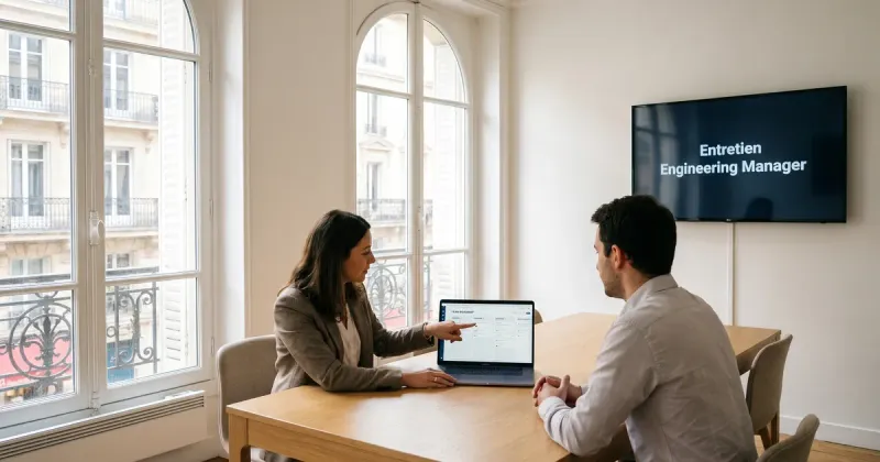 Entretien d’engineering manager dans un bureau parisien lumineux : un candidat présente une roadmap d’équipe à une recruteuse.