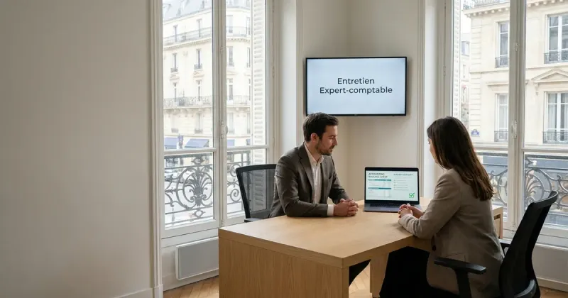 Entretien d’expert-comptable dans un bureau parisien lumineux : un candidat et une recruteuse, un bilan comptable et une checklist de clôture à l’écran.