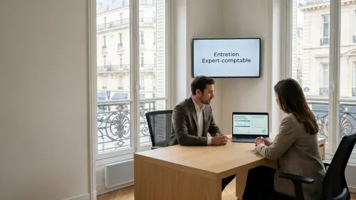 Entretien d’expert-comptable dans un bureau parisien lumineux : un candidat et une recruteuse, un bilan comptable et une checklist de clôture à l’écran.