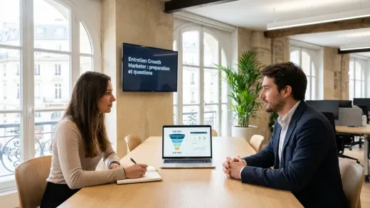 Entretien de growth marketer dans un bureau parisien lumineux : une candidate et un recruteur, un funnel growth et un test A/B à l’écran.