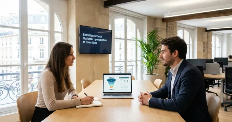 Entretien de growth marketer dans un bureau parisien lumineux : une candidate et un recruteur, un funnel growth et un test A/B à l’écran.