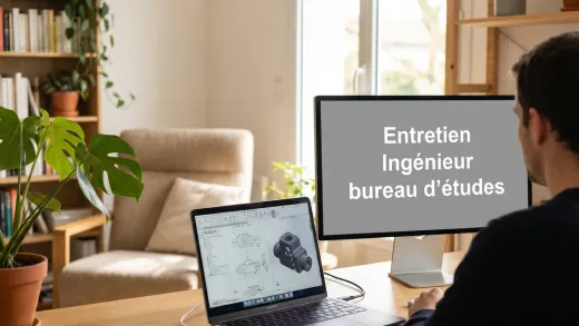 Entretien d’ingénieur bureau d’études en visio depuis un home office lumineux : un plan technique CAO à l’écran, le titre affiché sur le moniteur.