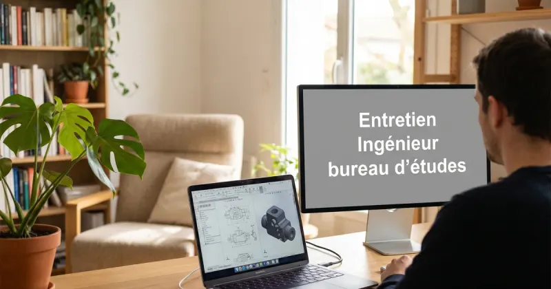 Entretien d’ingénieur bureau d’études en visio depuis un home office lumineux : un plan technique CAO à l’écran, le titre affiché sur le moniteur.