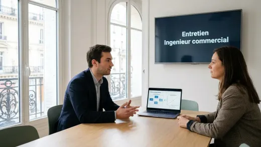 Entretien d’ingénieur commercial dans un bureau parisien lumineux : un candidat présente un schéma de solution technique à une recruteuse.