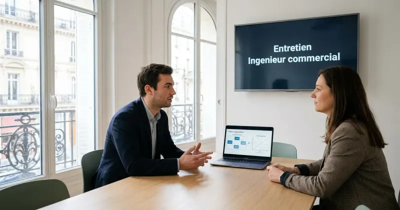 Entretien d’ingénieur commercial dans un bureau parisien lumineux : un candidat présente un schéma de solution technique à une recruteuse.