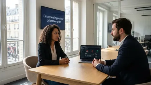 Entretien d’ingénieur cybersécurité dans un bureau parisien lumineux : une candidate et un recruteur, un tableau de bord de sécurité à l’écran.