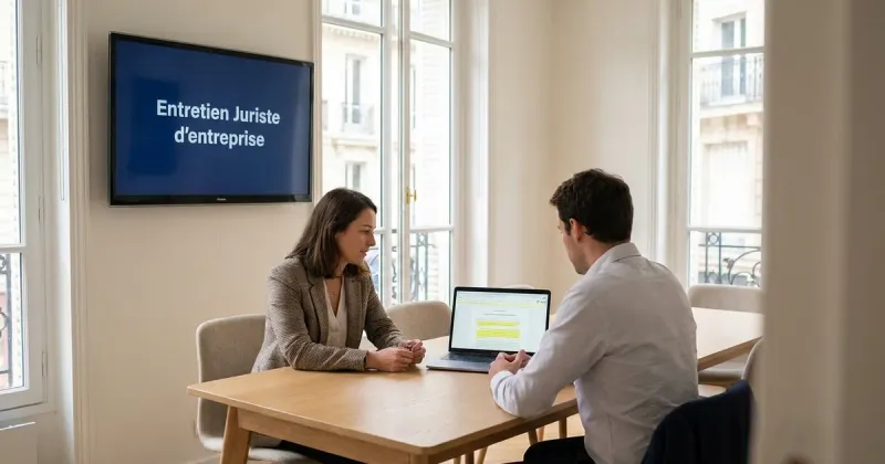 Entretien de juriste d’entreprise dans un bureau parisien lumineux : une candidate et un recruteur, un contrat avec clauses surlignées à l’écran.