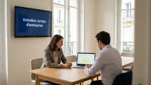 Entretien de juriste d’entreprise dans un bureau parisien lumineux : une candidate et un recruteur, un contrat avec clauses surlignées à l’écran.
