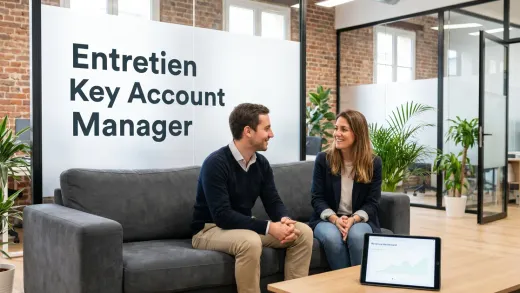 Entretien de key account manager dans un open-space de startup : échange détendu sur un canapé, un tableau de bord de comptes clés affiché sur une tablette.