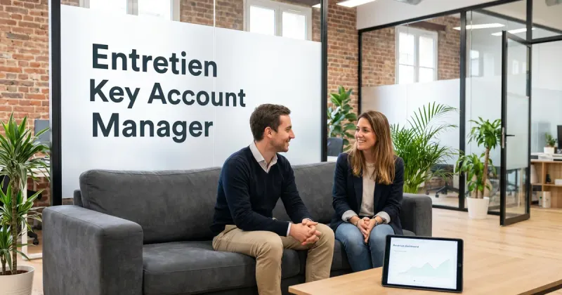 Entretien de key account manager dans un open-space de startup : échange détendu sur un canapé, un tableau de bord de comptes clés affiché sur une tablette.