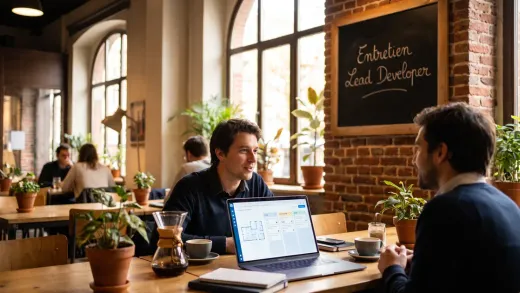 Entretien de lead developer dans un café coworking : un candidat présente un schéma d’architecture et un board d’équipe sur son ordinateur, le titre affiché à la craie.