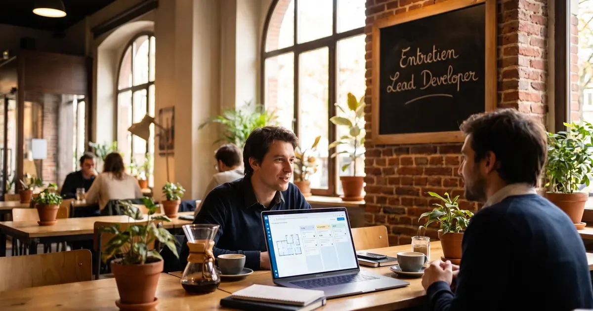 Entretien de lead developer dans un café coworking : un candidat présente un schéma d’architecture et un board d’équipe sur son ordinateur, le titre affiché à la craie.
