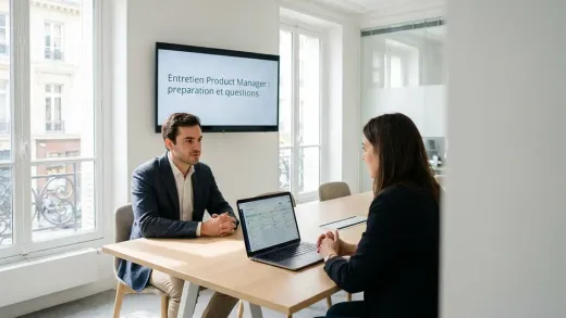 Entretien de product manager dans un bureau parisien lumineux : un candidat et un recruteur, une roadmap produit à l’écran.