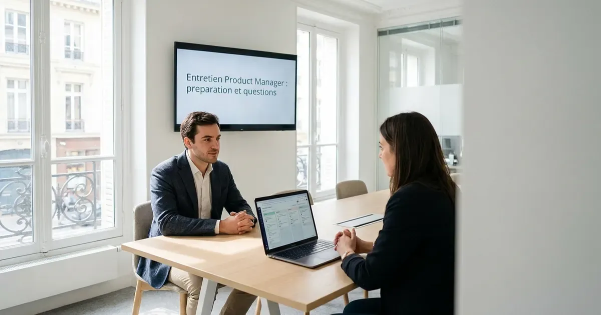 Entretien de product manager dans un bureau parisien lumineux : un candidat et un recruteur, une roadmap produit à l’écran.