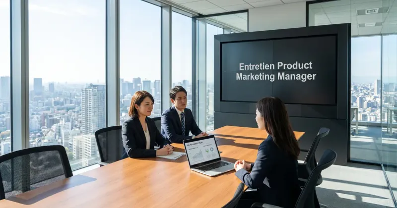 Entretien de product marketing manager dans une salle vitrée avec vue sur la ville : deux recruteurs face à un candidat, un plan go-to-market à l’écran.