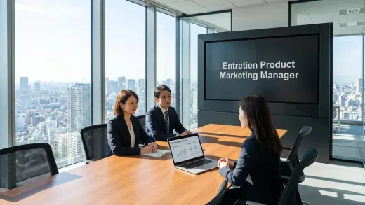 Entretien de product marketing manager dans une salle vitrée avec vue sur la ville : deux recruteurs face à un candidat, un plan go-to-market à l’écran.