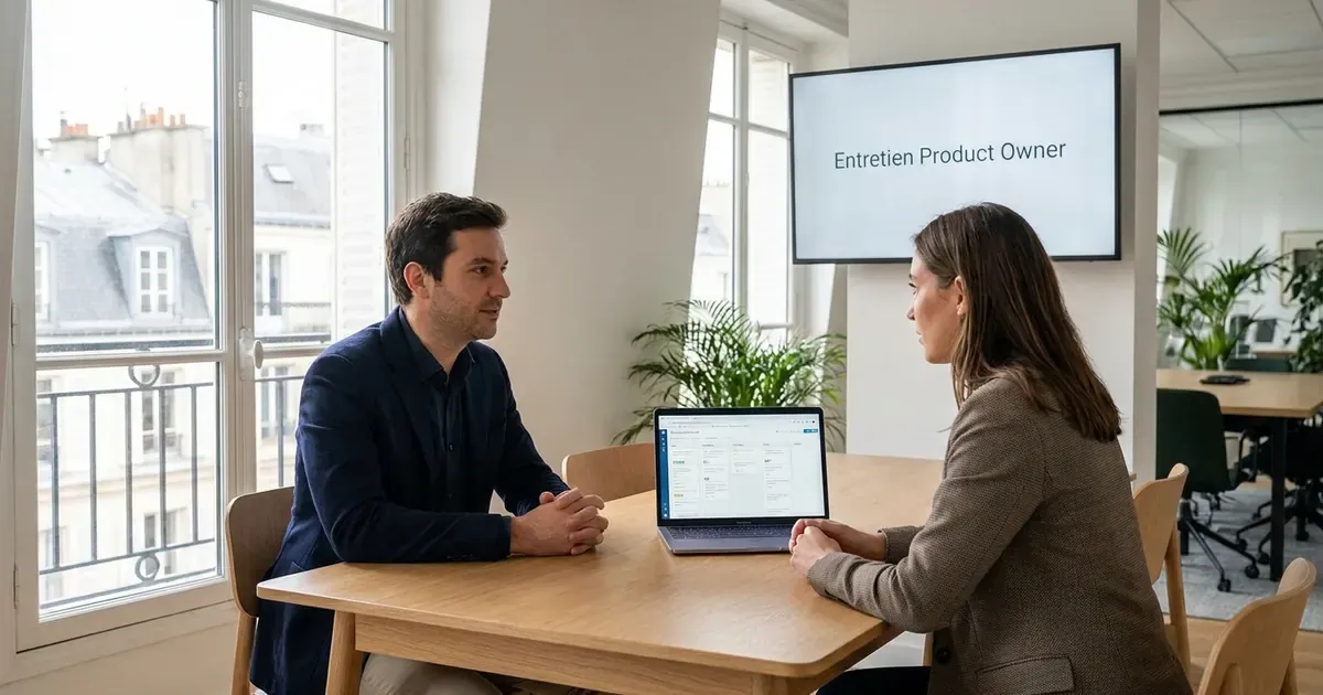 Entretien de product owner dans un bureau parisien lumineux : un candidat et une recruteuse, un board de backlog produit à l’écran.