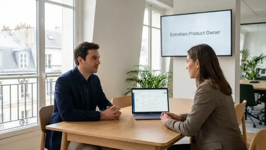 Entretien de product owner dans un bureau parisien lumineux : un candidat et une recruteuse, un board de backlog produit à l’écran.