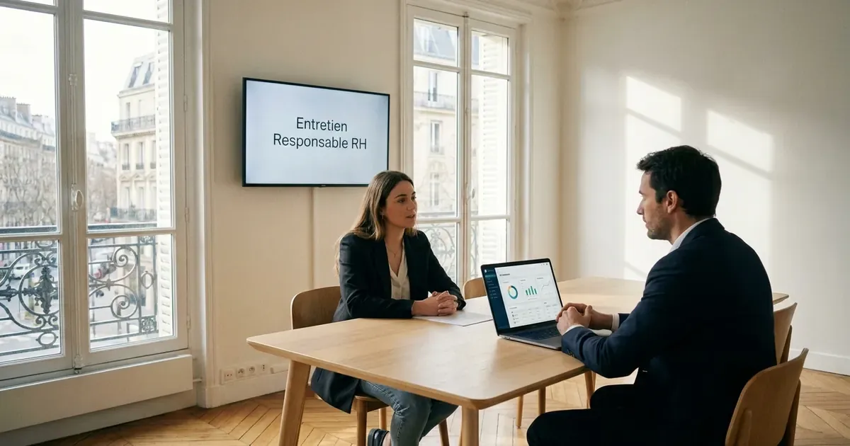 Entretien de responsable RH dans un bureau parisien lumineux : une candidate et un recruteur, un tableau de bord RH à l’écran.