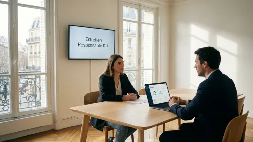 Entretien de responsable RH dans un bureau parisien lumineux : une candidate et un recruteur, un tableau de bord RH à l’écran.