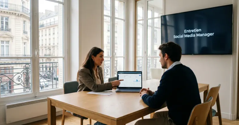 Entretien de social media manager dans un bureau parisien lumineux : un candidat présente un tableau de bord d’analytics à une recruteuse.