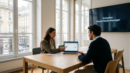 Entretien de social media manager dans un bureau parisien lumineux : un candidat présente un tableau de bord d’analytics à une recruteuse.
