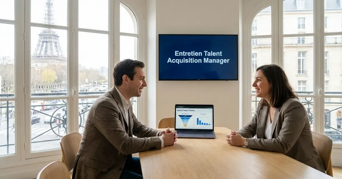 Entretien de talent acquisition manager dans un bureau parisien lumineux : un candidat et une recruteuse, un funnel de recrutement à l’écran.