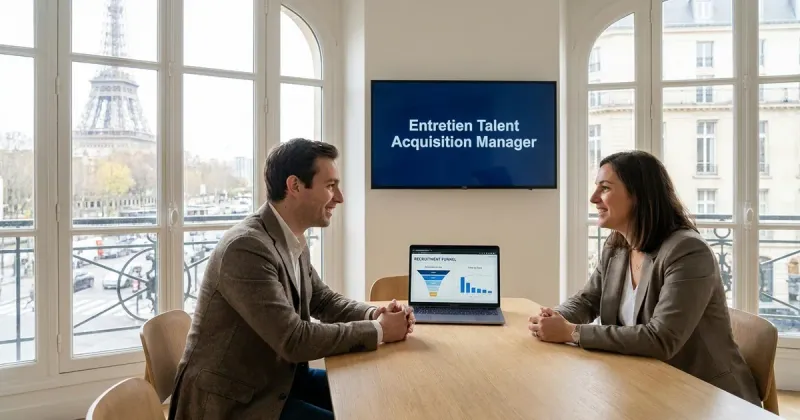 Entretien de talent acquisition manager dans un bureau parisien lumineux : un candidat et une recruteuse, un funnel de recrutement à l’écran.