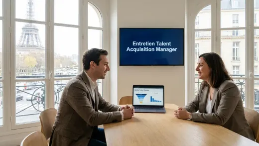 Entretien de talent acquisition manager dans un bureau parisien lumineux : un candidat et une recruteuse, un funnel de recrutement à l’écran.