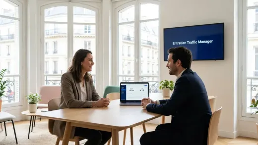 Entretien de traffic manager dans un bureau parisien lumineux : une candidate et un recruteur, un tableau de bord d’acquisition payante à l’écran.