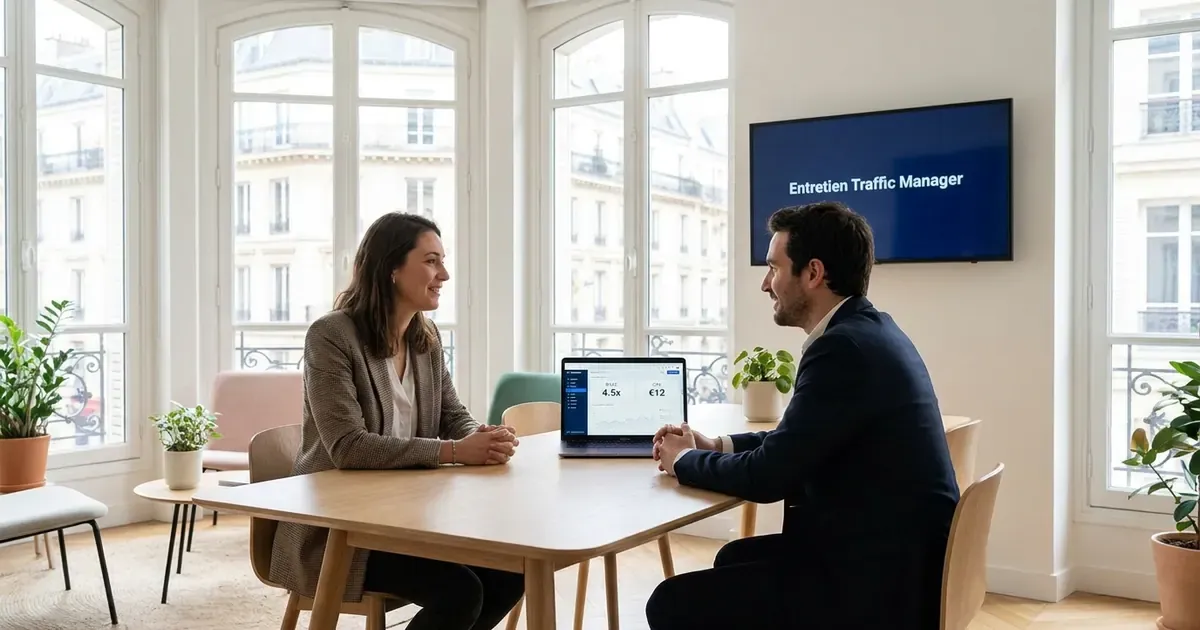Entretien de traffic manager dans un bureau parisien lumineux : une candidate et un recruteur, un tableau de bord d’acquisition payante à l’écran.