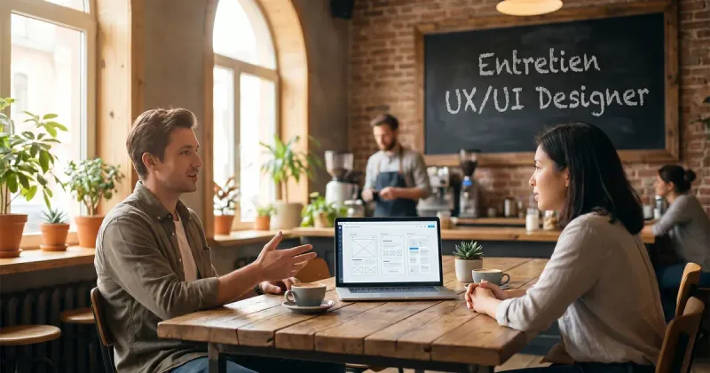 Entretien d’UX/UI designer dans un café coworking : un candidat présente des wireframes sur son ordinateur portable à une recruteuse, le titre affiché à la craie sur un tableau noir.