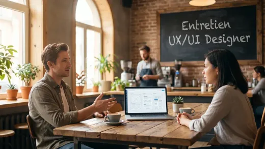 Entretien d’UX/UI designer dans un café coworking : un candidat présente des wireframes sur son ordinateur portable à une recruteuse, le titre affiché à la craie sur un tableau noir.